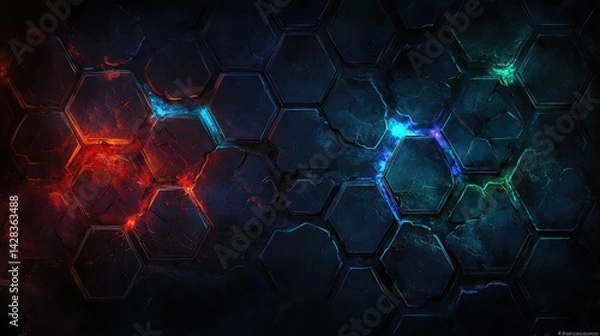 Obraz Chromatic Hexagons: A Textured Grid with Vibrant Energy Cybernetic Shards: Glowing Hexagonal Fragments in the Dark.