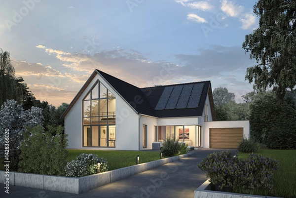 Obraz Modernes Einfamilienhaus mit Glasgiebel am Abend