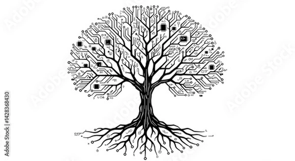 Fototapeta Tree design with circuit board patterns, artistic illustration in black and white