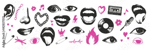 Fototapeta Trendy lips, mouth and eyes with monochrome photocopy effect. Elements in stipple halftone grunge punk doodle scribbles collection. Vector illustration for vintage music poster or banner.