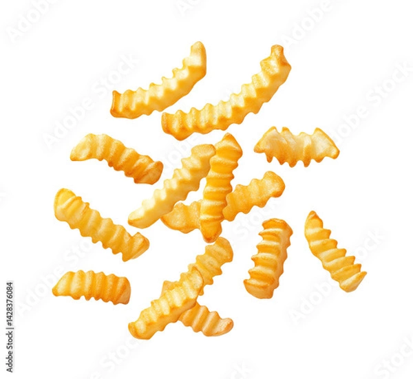 Fototapeta Crispy crinkle fries flying in air isolated on white background. Falling French fires isolated on white background. Crinkle fries floating.