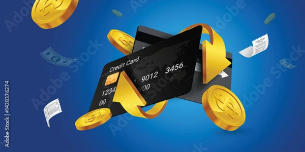 Obraz Cash back, money saving vector concept with dollar coins, wallet, arrows, credit card.Guarantee bonus program finance sticker. Online shopping, cash back sale offer emblem,Cash back service, financial