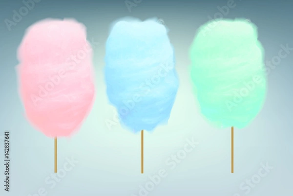 Fototapeta Pink, blue and green cotton candy. Realistic sugar clouds with wooden sticks. Vector isolated objects illustration.
