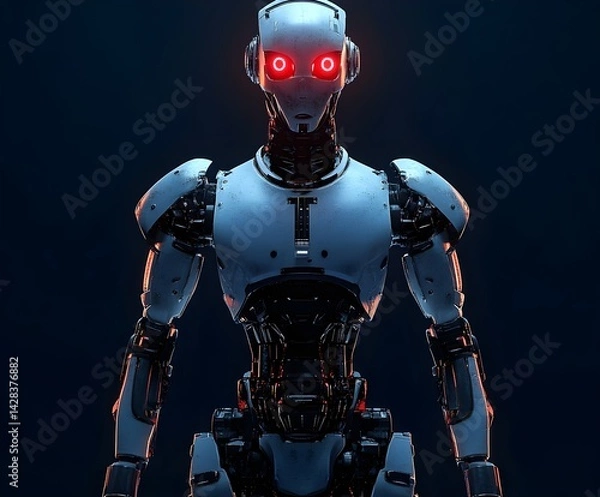 Fototapeta 3D rendering of a full-body robot with red glowing eyes