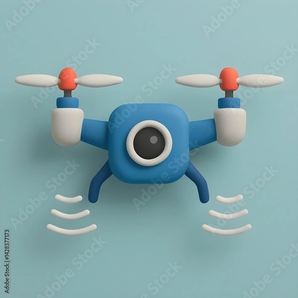 Fototapeta Cartoon drone with camera and propellers on blue background.