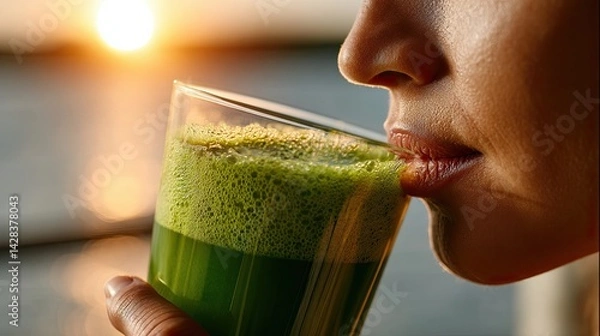 Fototapeta A serene morning scene with a person savoring a chlorella smoothie as sunlight paints a golden silhouette