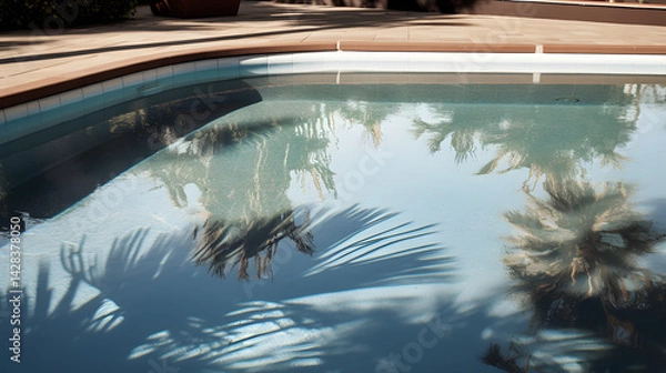 Fototapeta Palm tree reflections in clear swimming pool under sunlight

