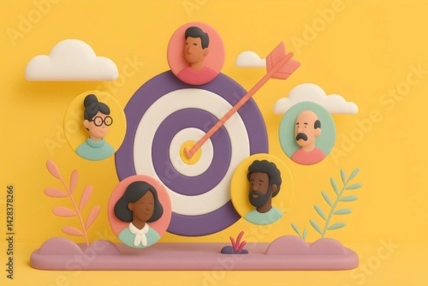 Fototapeta Target audience concept with diverse people around a bullseye, symbolizing market focus.