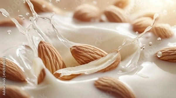 Fototapeta Whole almonds splashing into milk, creating a dynamic and energetic representation of the blend of almonds and milk