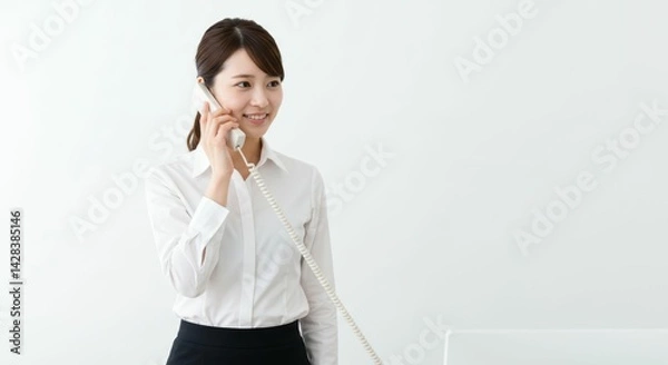 Obraz Professional young receptionist engaged in phone conversation against plain backdrop