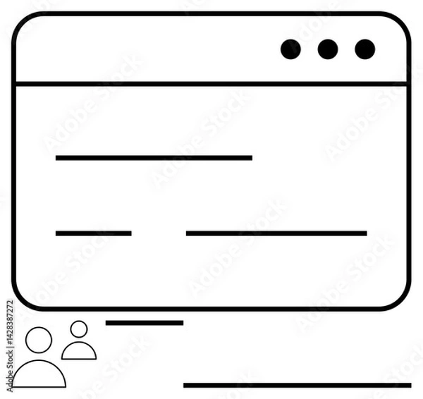 Fototapeta Web browser window featuring simplified text layout and user icons, representing collaboration, content sharing, digital workflow. Ideal for UX design, web development, technology, teamwork