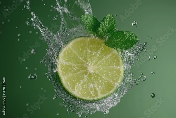 Fototapeta Lime slice in water splash. Fresh, juicy citrus fruit with mint