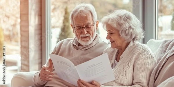 Fototapeta An elderly couple sits in their living room comfortably looking at a brochure about reverse mortgages. The man wears glasses and points to the brochure, and the woman nods