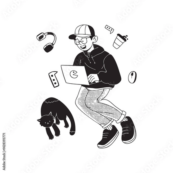 Obraz A guy in a dynamic pose with a laptop. Freelance. Also in the movements of the cat, coffee, headphones, pop-up windows, laptop mouse. Trendy vector illustration.