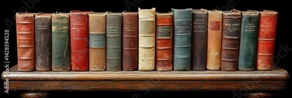 Fototapeta Antiquarian library aged leather books in a row on a wooden shelf against a dark background