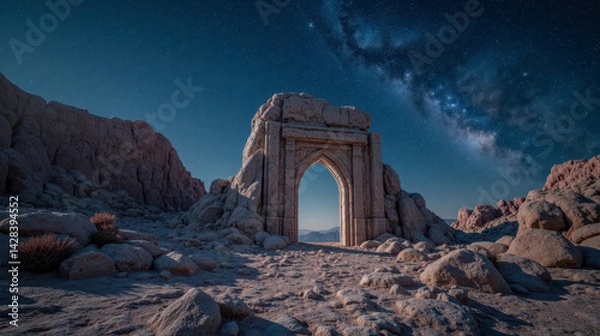 Obraz Majestic ancient gateway surrounded by rocks in arid desert, night stars with Milky Way arching above, peaceful atmosphere, scattered stones, enchanting view, clear sky, mystical vibe in nature