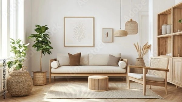 Fototapeta Light, airy living room with natural elements