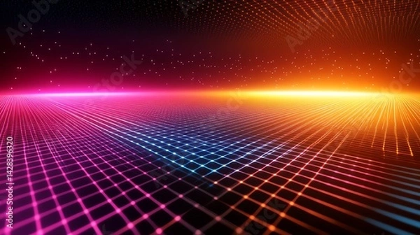 Fototapeta Abstract digital landscape with vibrant neon grid and glowing particles. Futuristic technology background.