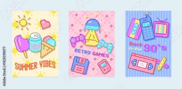 Fototapeta Set of three retro posters in pixel style
