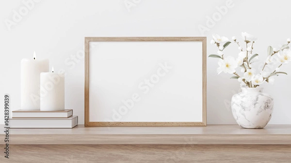 Fototapeta Small horizontal wooden frame mockup in traditional light interior. Classical shelf decoration with candles and blooming branches in vase. 3d rendering.