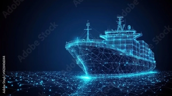 Obraz Blue Wireframe Knock Nevis on a dark blue background, with glowing dots and lines on the water to create a high-tech theme.