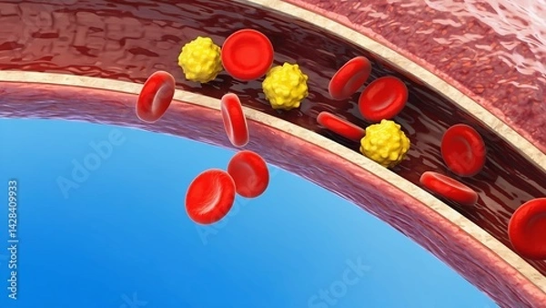Obraz Blood Vessel Dynamics: Inside a human blood vessel, red blood cells and yellow lipid molecules, highlighting the intricate processes of circulation and health.