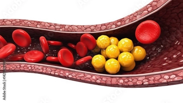 Obraz Artery with cholesterol and blood cell : An illustrative depiction of an artery choked with cholesterol and flowing blood cells, ideal for medical and educational content.