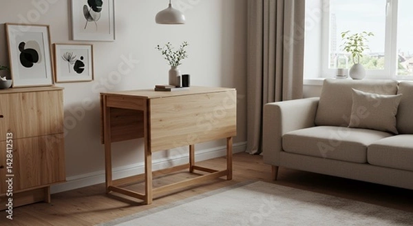 Fototapeta Modern Oak Drop Leaf Table in a Cozy Living Room
