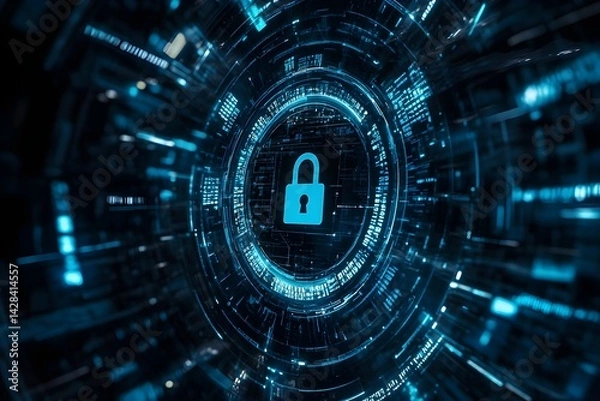 Fototapeta A shield with an lock symbol surrounded by blue digital lines and code patterns
