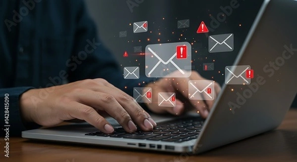 Fototapeta Handling high volumes of emails with flagged notifications on a laptop