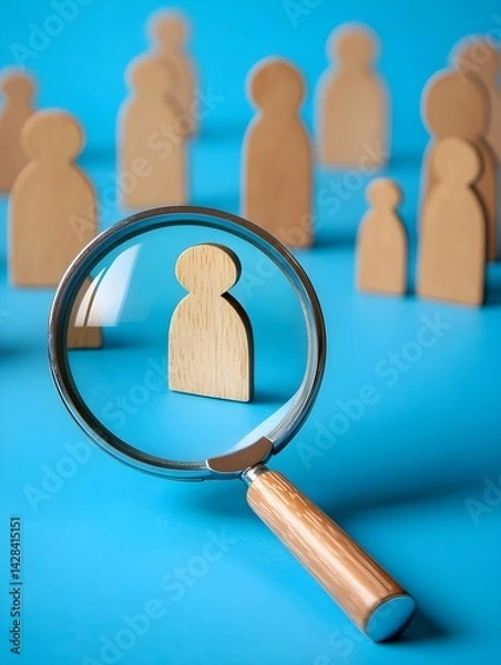 Obraz An enlarged symbol of a wooden person moving through a magnifying glass