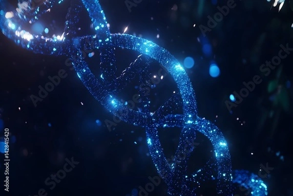 Obraz Abstract futuristic digital blue double helix DNA with glowing dots on dark background