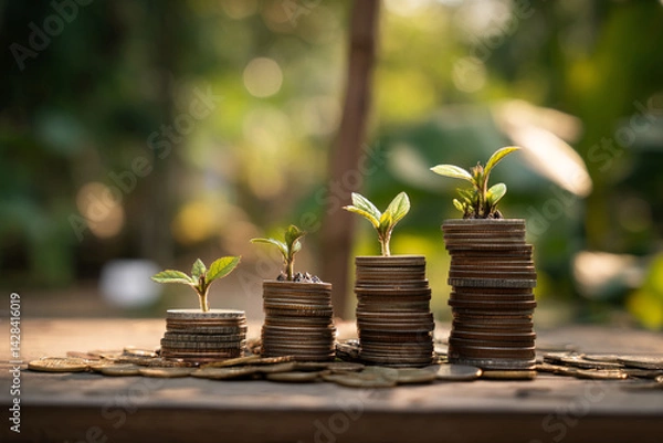 Obraz Four stacks of coins, increasing in height, each topped with a growing plant, against a blurred green background, symbolizing growth and financial investment
