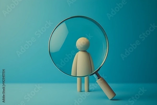 Obraz An enlarged symbol of a wooden person moving through a magnifying glass