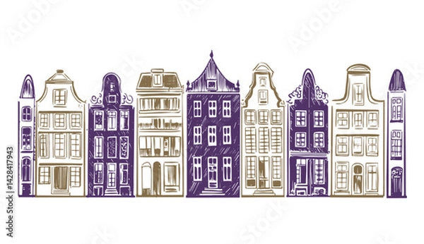 Fototapeta Buildings standing in row on white. Amsterdam canal houses, Hand drawn illustration.