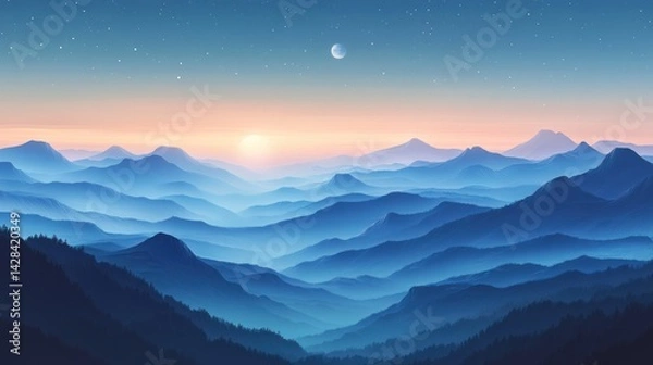 Obraz Misty mountain range at sunrise.