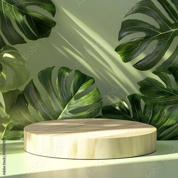 Obraz 
Photo of a modern, minimalist round podium made of light wood on a background of large leaves