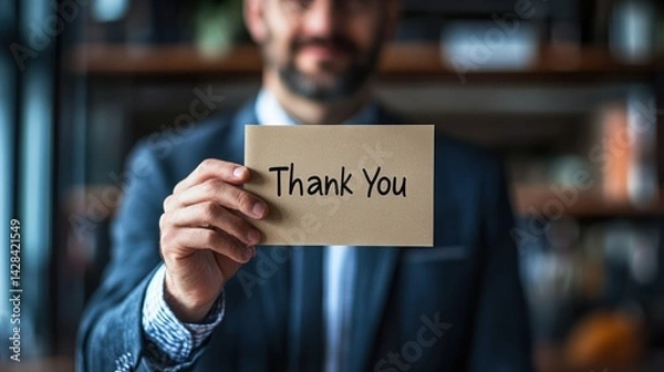 Obraz Businessman holds a thank you note.