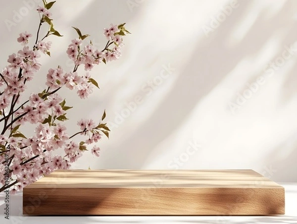Obraz Wooden podium with tree stump and flowers on a white background for product presentation