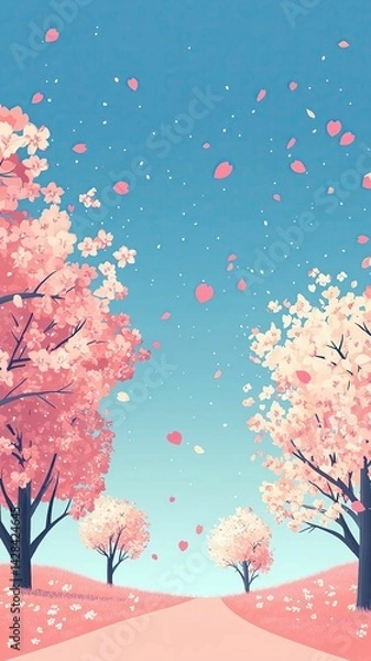 Fototapeta blossom trees Blossoming cherry trees in a serene landscape.