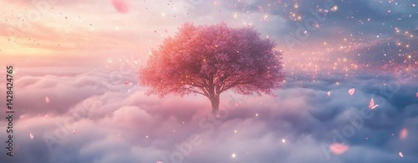 Fototapeta blossom trees A beautiful pink tree surrounded by soft clouds.