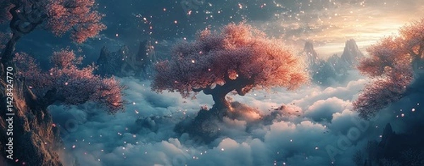 Fototapeta blossom trees A surreal tree in a dreamy cloudscape.