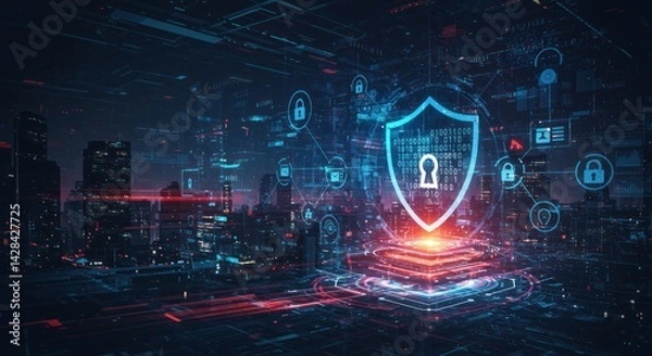 Fototapeta Digital shield with padlock icon representing cybersecurity over a futuristic cityscape.