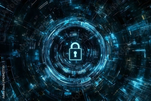 Fototapeta A shield with an lock symbol surrounded by blue digital lines and code patterns