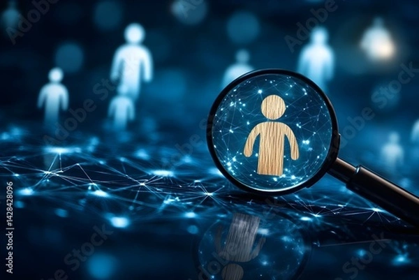 Obraz An enlarged symbol of a wooden person moving through a magnifying glass