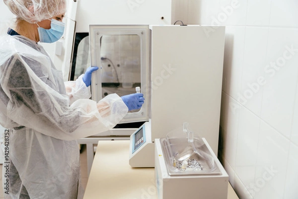 Obraz Technician placing milk sample in thermal incubator