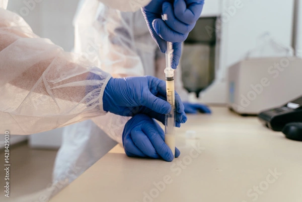 Obraz High angle view of technician checking labeled breast milk container near full storage racks