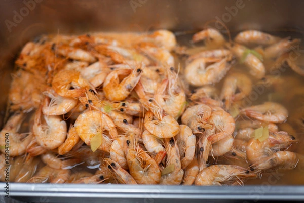 Obraz Cooked Shrimp in Hot Broth with Herbs and Steam Rising