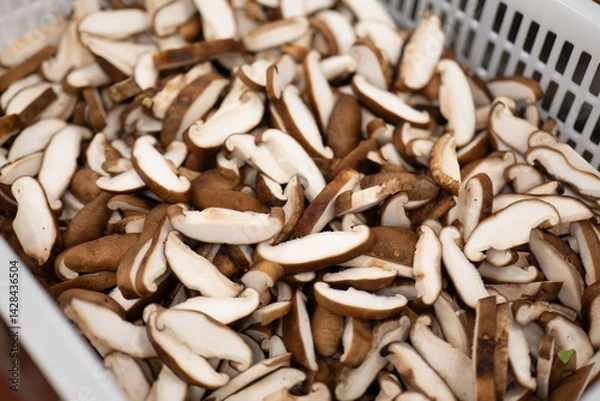 Obraz Sliced Shiitake Mushrooms in White Plastic Basket Showing Fresh Texture