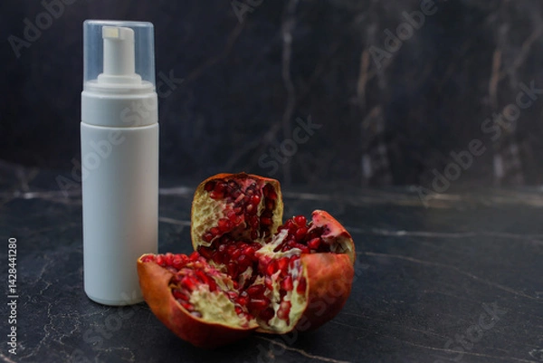 Obraz A modern serum bottle is beside a split pomegranate on a dark surface, ideal for beautythemed visuals